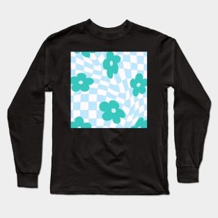 groovy pinterest checkered abstract blue flower print Long Sleeve T-Shirt